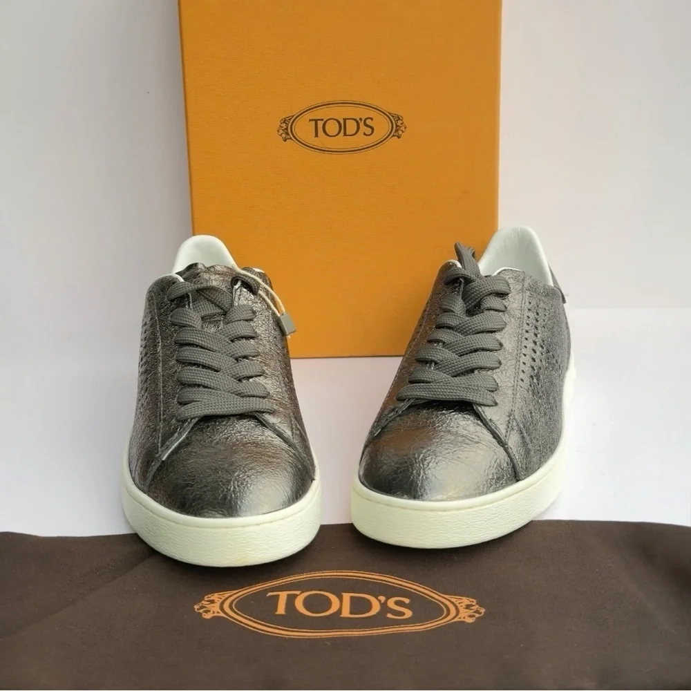 Tod's Women’s Metallic Gunmetal Silver Perforated Leather Low Top Sneakers NEW